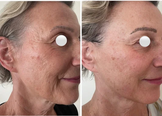 Photo avant/après d'un soin HIFU double menton et visage : ovale du visage retendu et redessiné